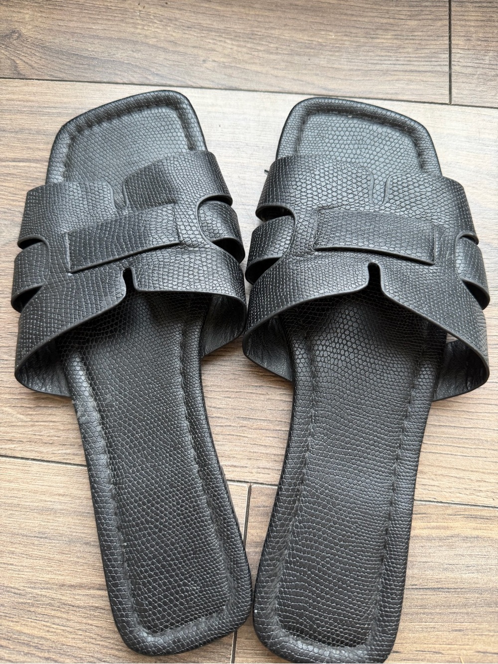 Black Slide Sandals - Textured Leather Look